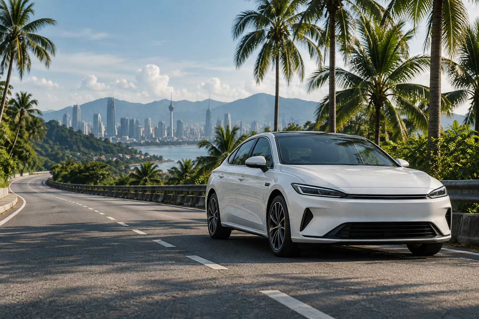 White car on a quiet tropical road